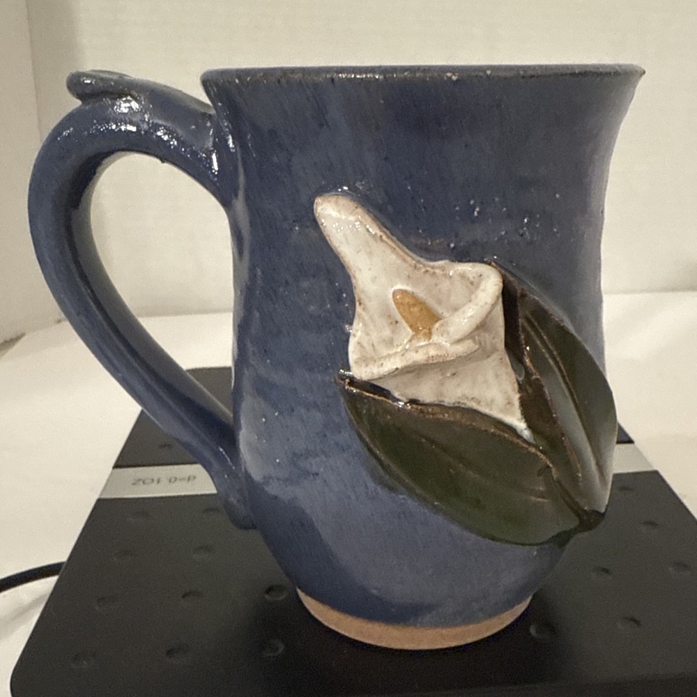 Handmade Ceramic Coffee Mug Blue Glaze Raised White‎ Callalily Flower-Signed-VTG